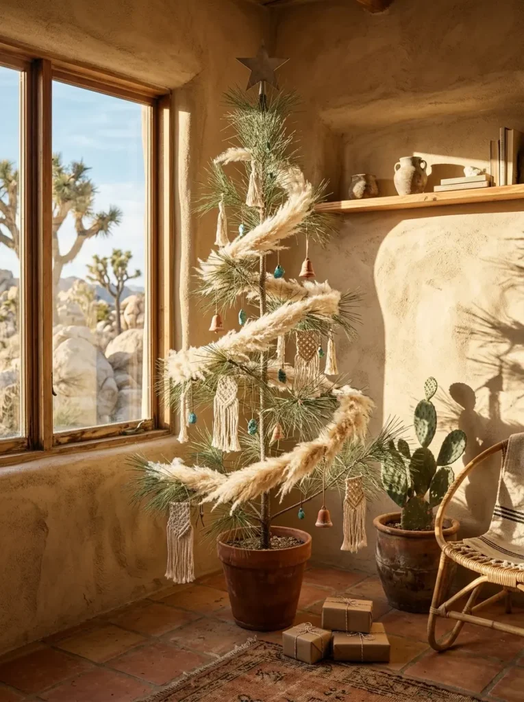 Sparse green tree wrapped in fluffy pampas grass and decorated with woven macrame ornaments