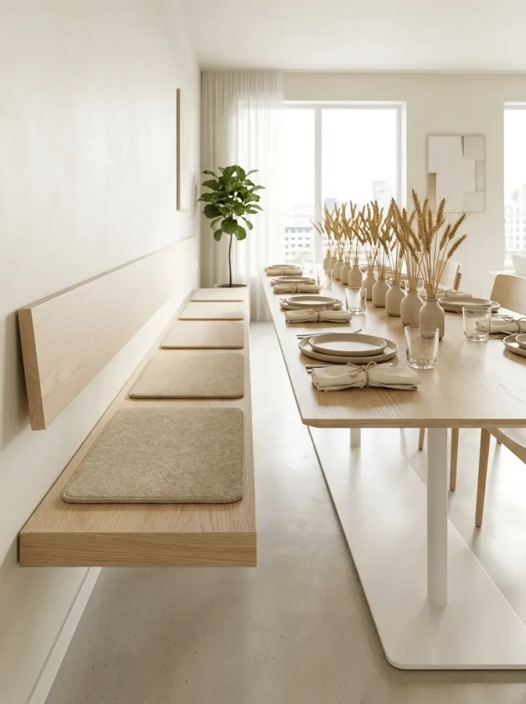Minimalist floating wooden bench attached to a white wall paired with a narrow dining table