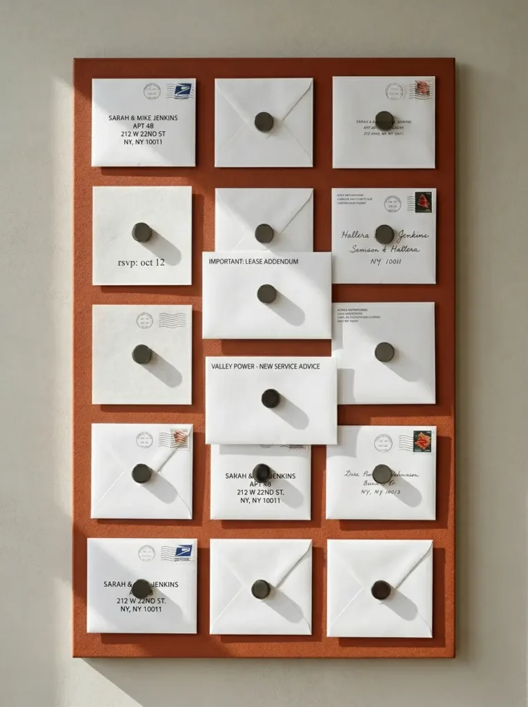 White paper envelopes stick to a rust colored vertical panel held by round black magnets in a grid.