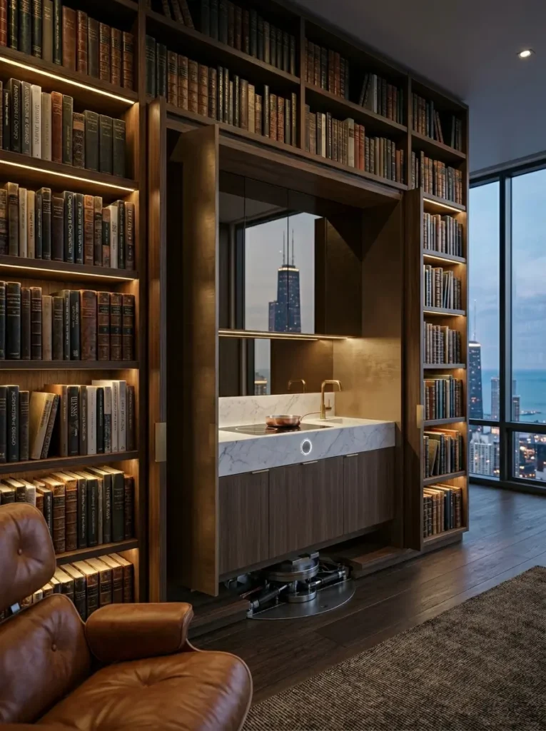 A wall of dark wood library bookshelves with a central section pivoted outward to reveal a white marble kitchen counter and gold faucet behind it.
