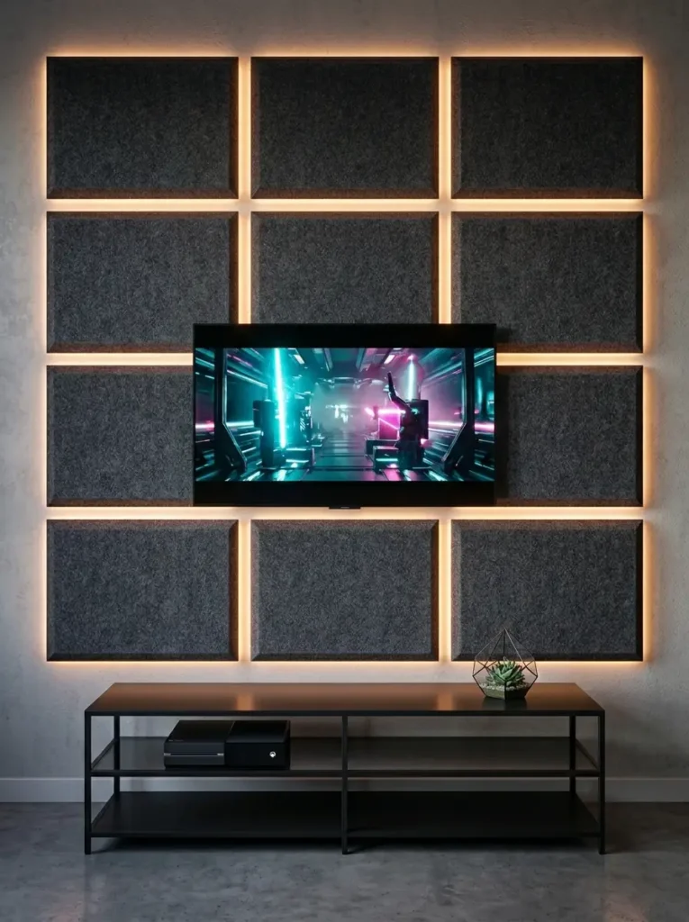Acoustic sound panel grid with orange LED lighting backing a screen on a small living room tv wall.