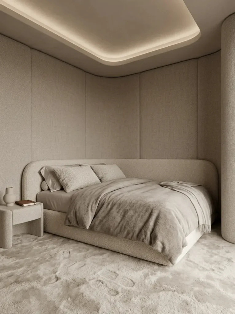 Ultra cozy monochromatic room featuring curved beige fabric walls a plush cream rug and matching soft bedding textures