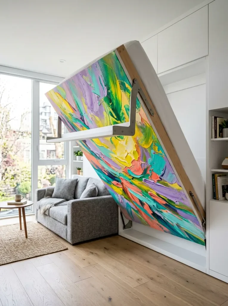 Abstract colorful paintings decorate the underside of a hidden bed frame.