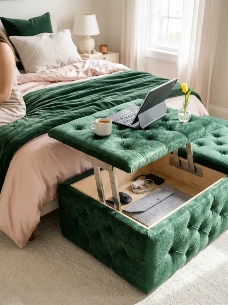 Green velvet ottoman with a top that lifts into a desk.