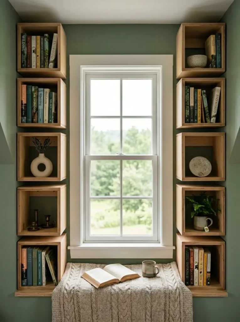 Vertical stacks of wooden square cubbies framing a bright window holding books and plants.