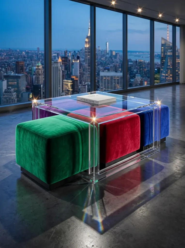 Clear Acrylic Cube With Stools Clear square acrylic table enclosing four velvet ottomans in green red blue and purple.