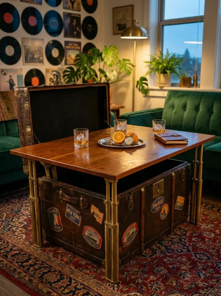 Antique Travel Trunk Pop Up Desk Antique travel trunk with a pop up wooden space saving dining table lifted by telescopic legs