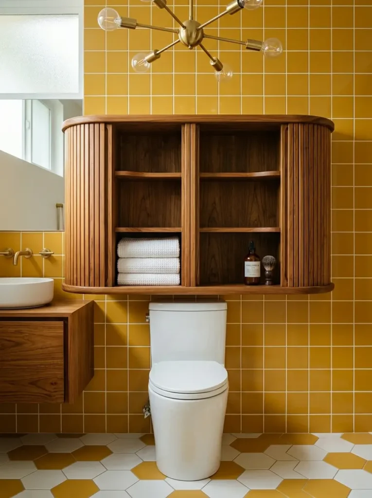 Pill shaped teak wood cabinet with sliding tambour doors against yellow tiles