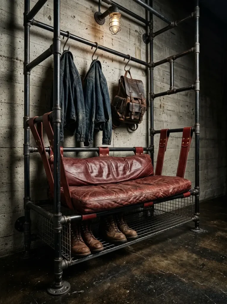 Black metal pipes construct a freestanding coat rack holding a suspended burgundy leather seat and denim jackets.