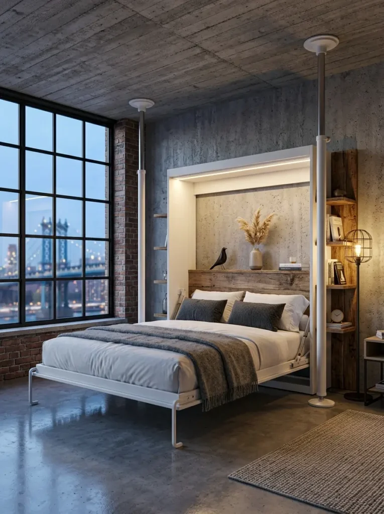 Tension Pole Mounted Frame White tension pole mounted affordable murphy bed wedged between a concrete floor and ceiling with reclaimed wood shelves.