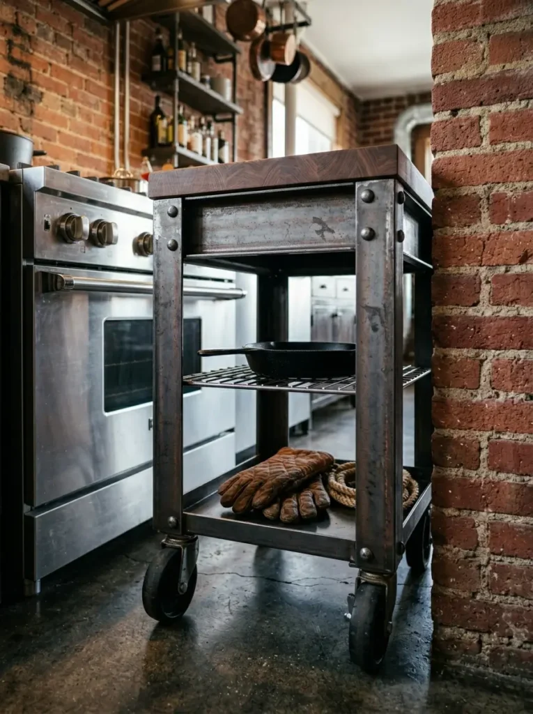 Strong steel frame cart with riveted beams and a thick butcher block top