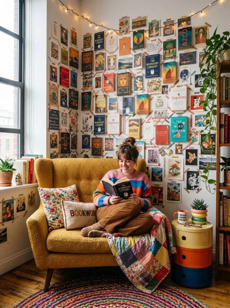 Book Cover Wall Corner Woman smiling while reading in a yellow chair with book covers taped to the wall.