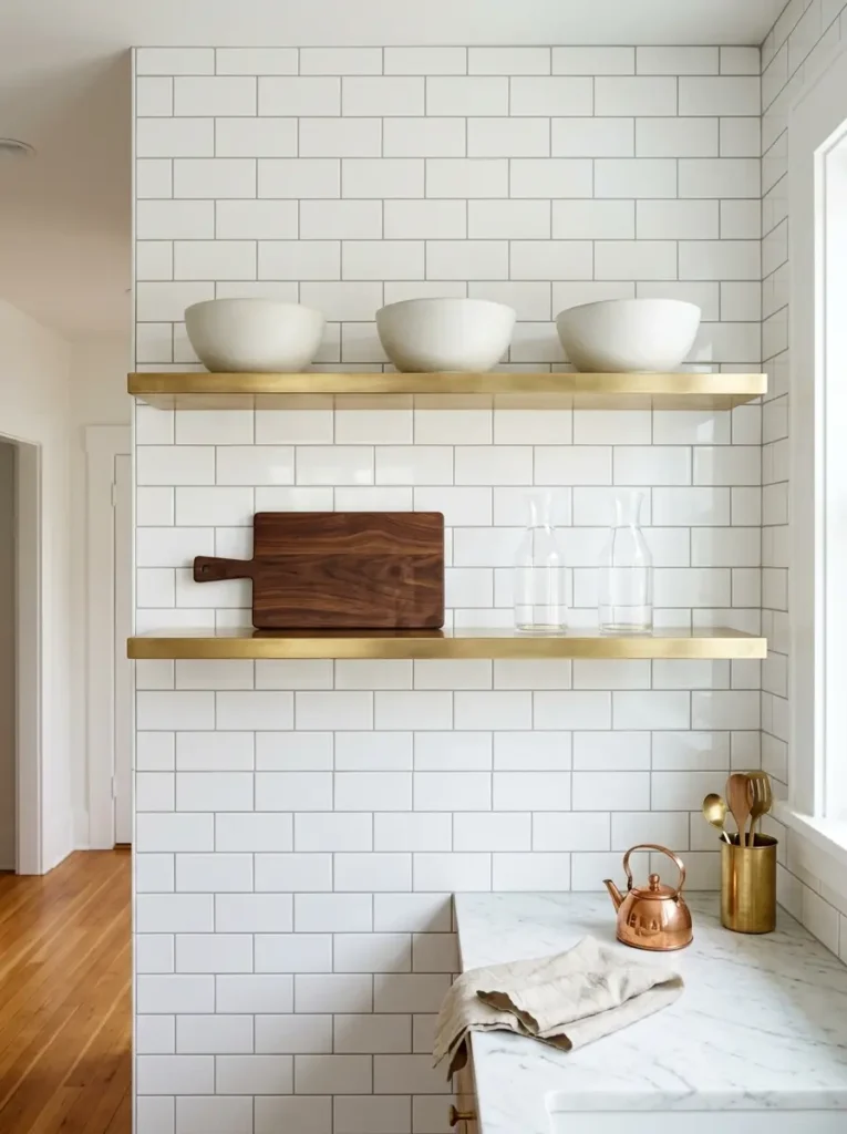 Brass Open Kitchen Shelving Two brass shelves attached to white subway tile holding bowls and a cutting board.