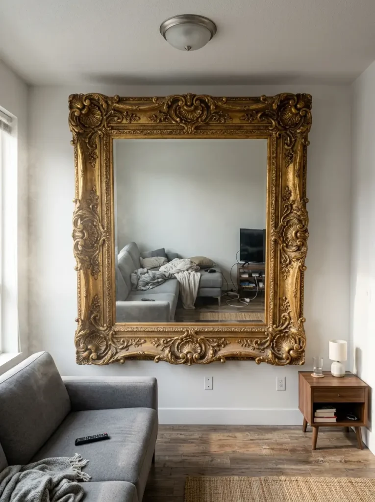 Massive heavy gold carved mirror frame hanging on a white wall reflecting a messy grey sofa in a small room