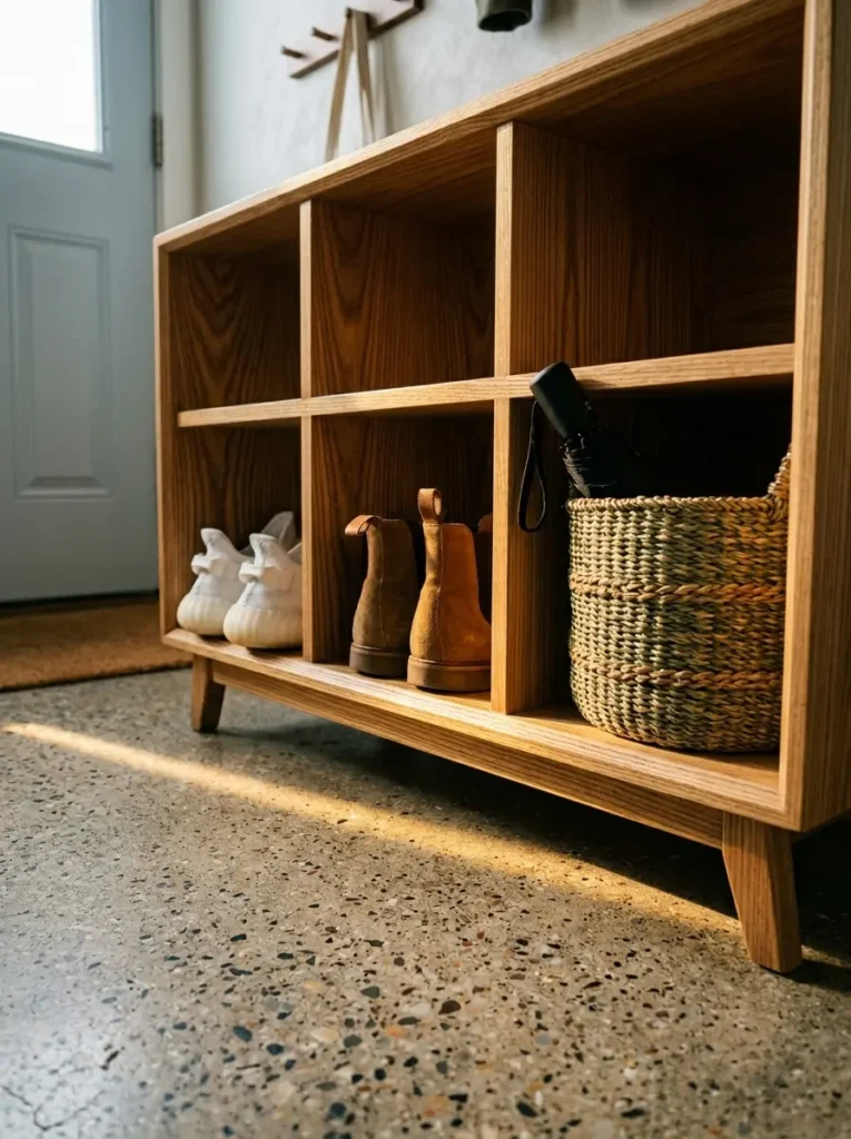 Solid wooden benches feature square cubbies holding sneakers and brown suede boots.