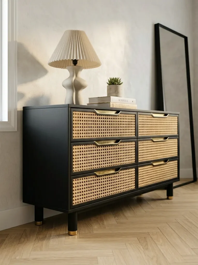 Black Woven Rattan Dresser Matte black dresser with six drawers featuring woven cane fronts and brass handles