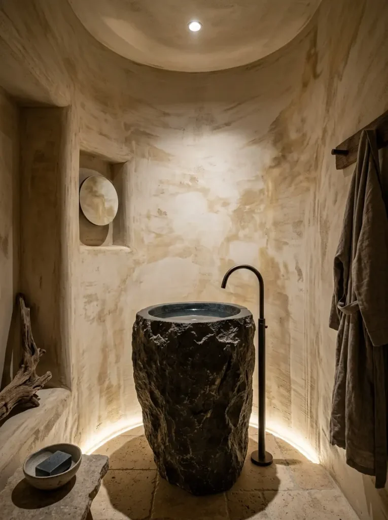 Sand Beige Cave Bathroom Creamy sand beige walls with raw stone freestanding sink