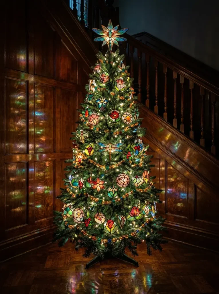 Green Christmas tree glowing with intricate stained glass floral and insect ornaments