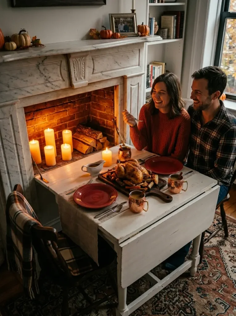 White wooden table folded down directly from a classic marble fireplace mantel set for two