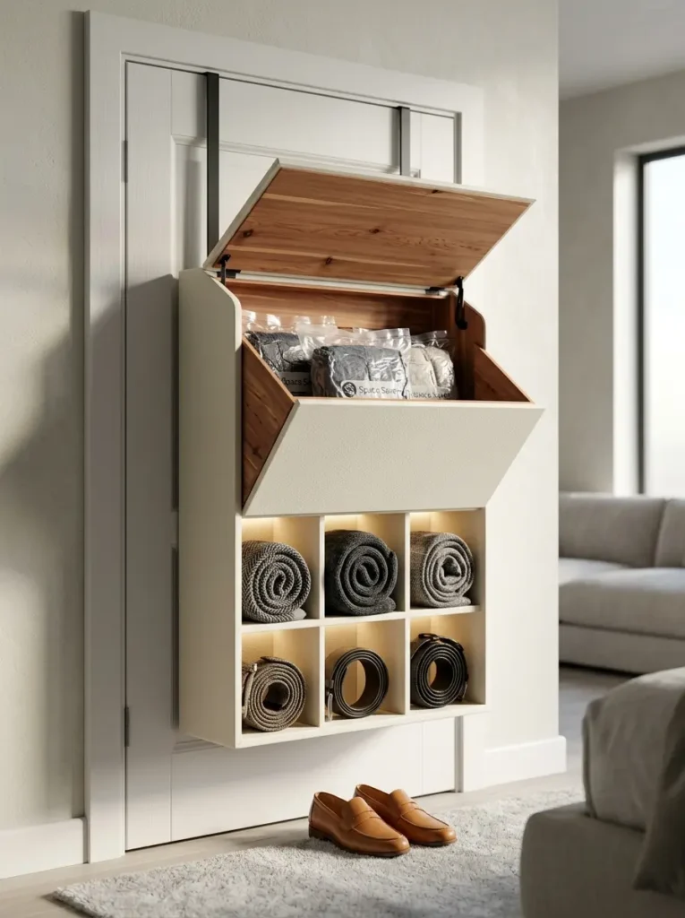 White wooden cabinet hanging over a door frame displays rolled belts and sealed clothing bags.