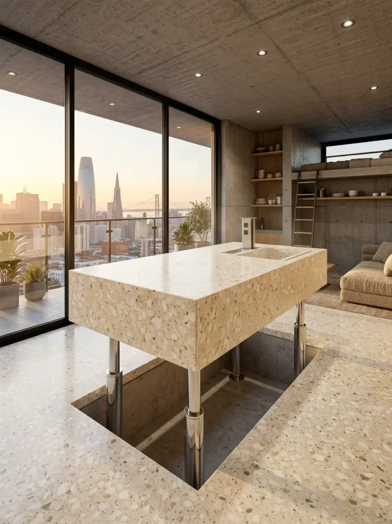 A solid terrazzo kitchen island supported by four metal pillars, rising out of a matching floor in a modern apartment with a city view.