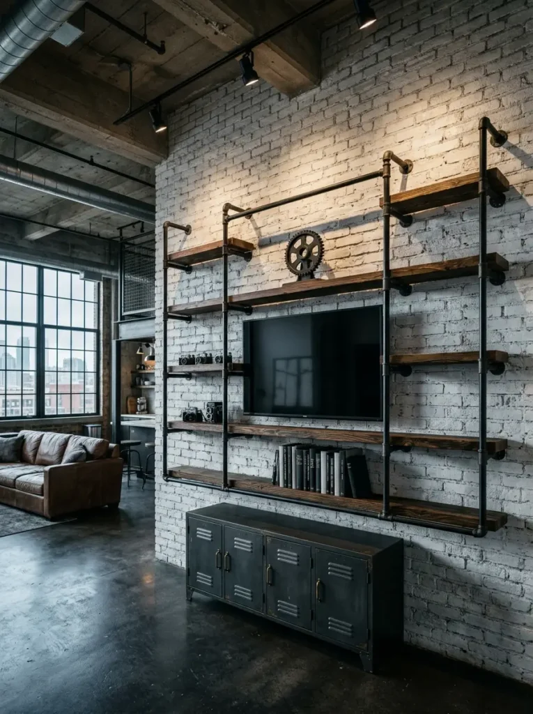 Industrial pipe shelving unit holds a screen against a brick small living room tv wall.