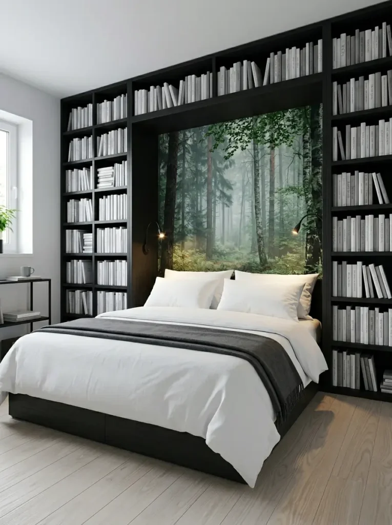 Tall black bookcases wrapping around a bed framing a beautiful misty green forest wall mural in a small space