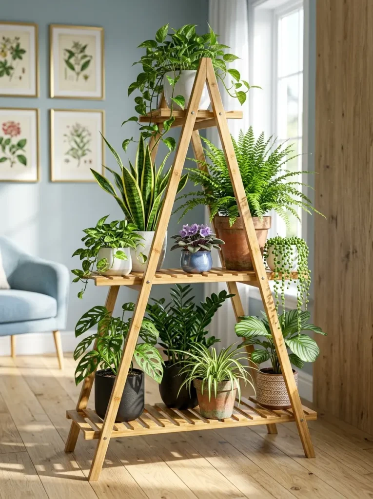 Timber A frame ladder shelves hold various potted plants near a window.