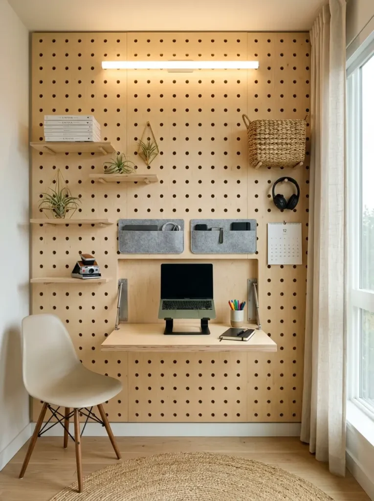 Full wall wooden pegboard with shelves and a fold down desk.