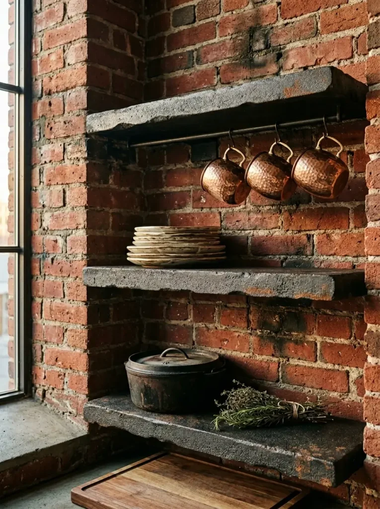 Three thick rough stone shelves against a brick wall holding a cast iron pot and copper mugs.