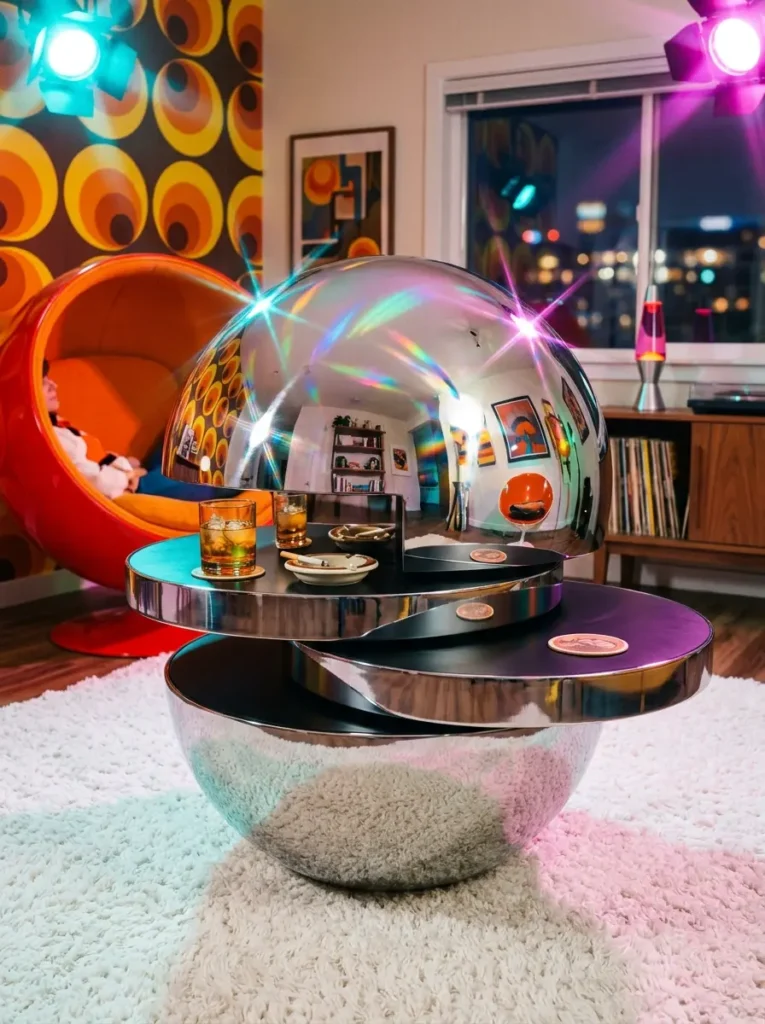 Retro Metallic Sphere Table Shiny chrome sphere opened to reveal staggered rotating black shelves holding drinks.