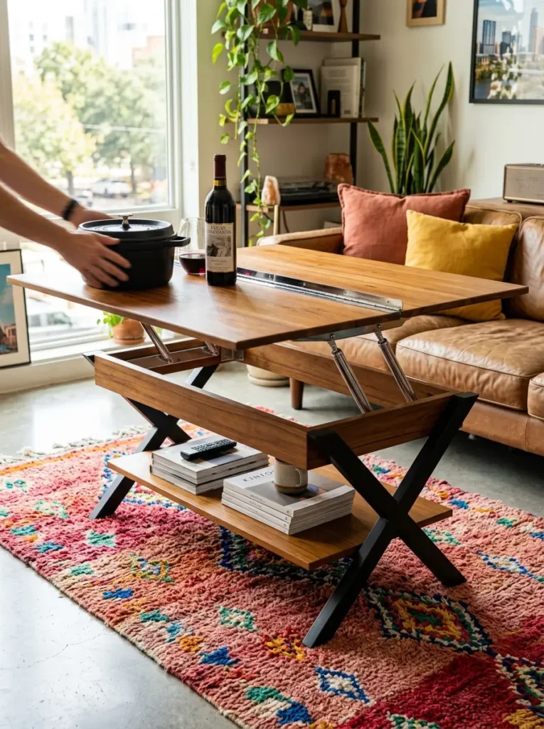 Wooden Lift Top Living Room Coffee Table Wooden lift top space saving dining table extended in front of a leather sofa on a colorful rug.
