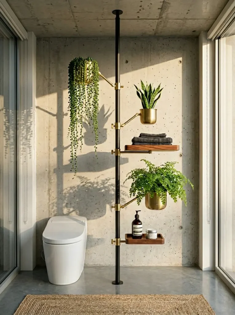 Tall black tension pole holding brass plant pots and wooden trays next to a toilet