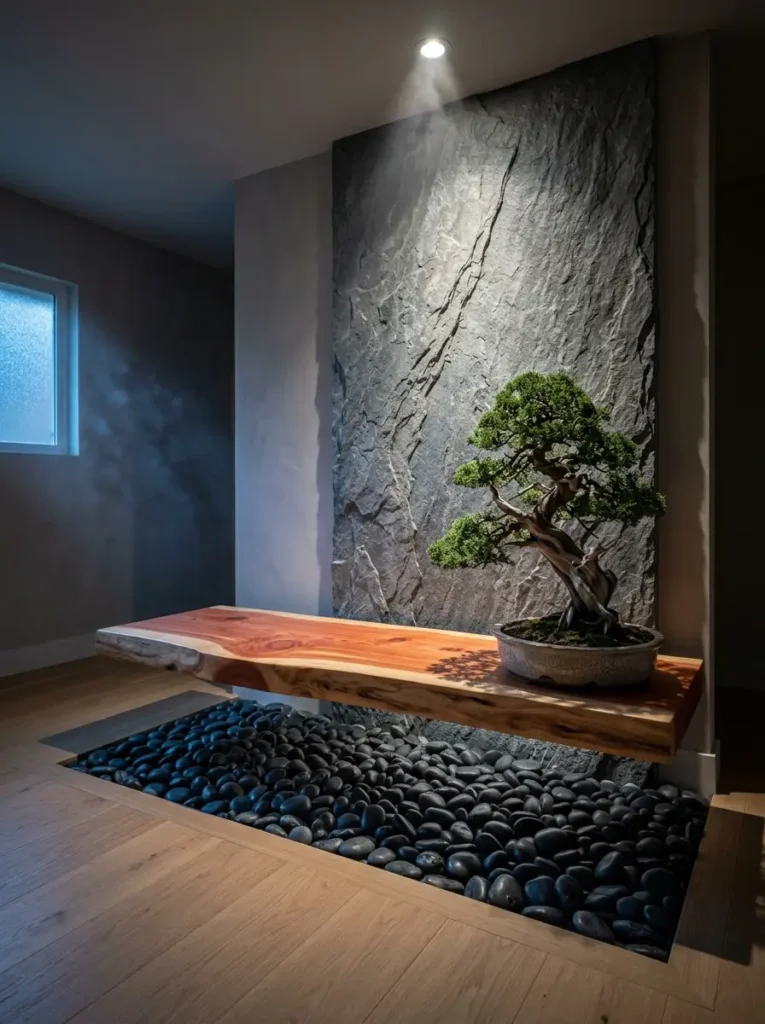 Beautiful bonsai tree sits on a thick wooden shelf above a recessed floor bed filled with black stones.