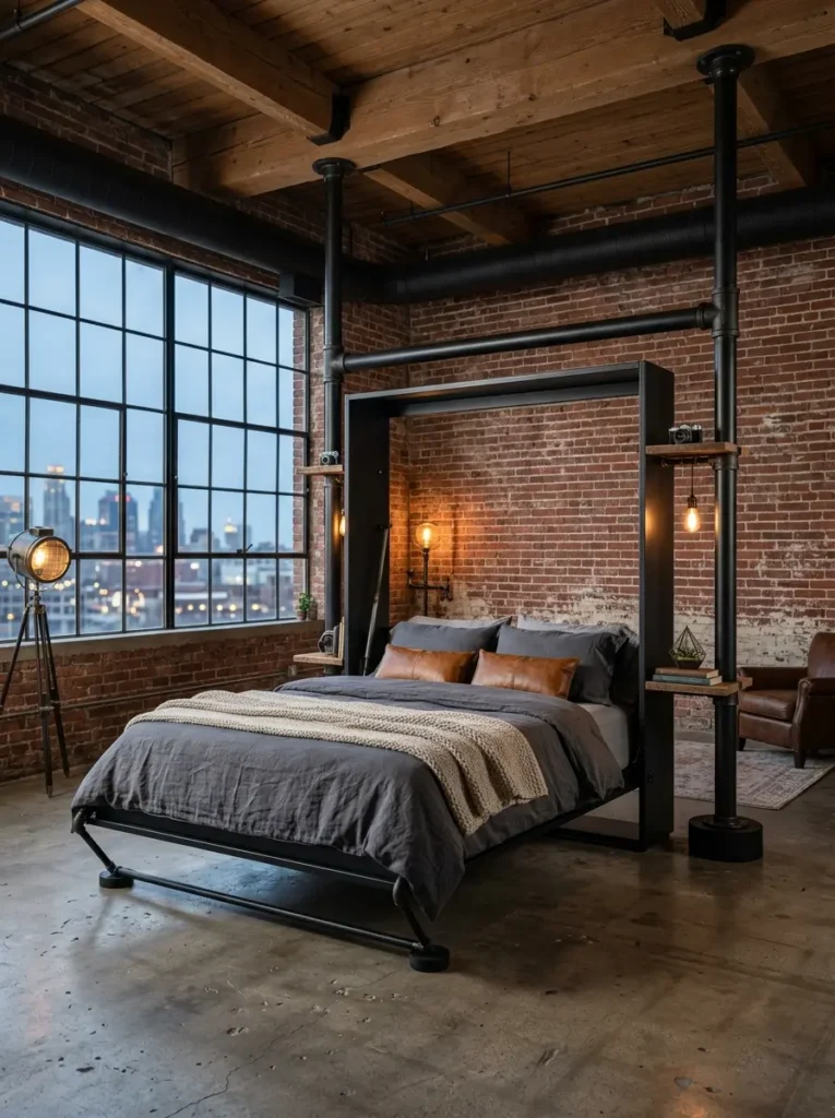 Industrial Pipe Frame Wall Bed Thick black industrial pipe frame supporting an affordable murphy bed against a warm brick wall.