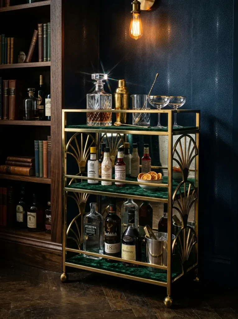 Gold bar cart with emerald green velvet shelves and crystal decanters