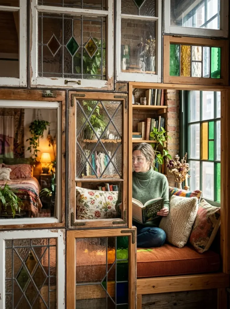 Reclaimed Window Divider Woman reading on an orange cushion behind a room divider made of old windows.
