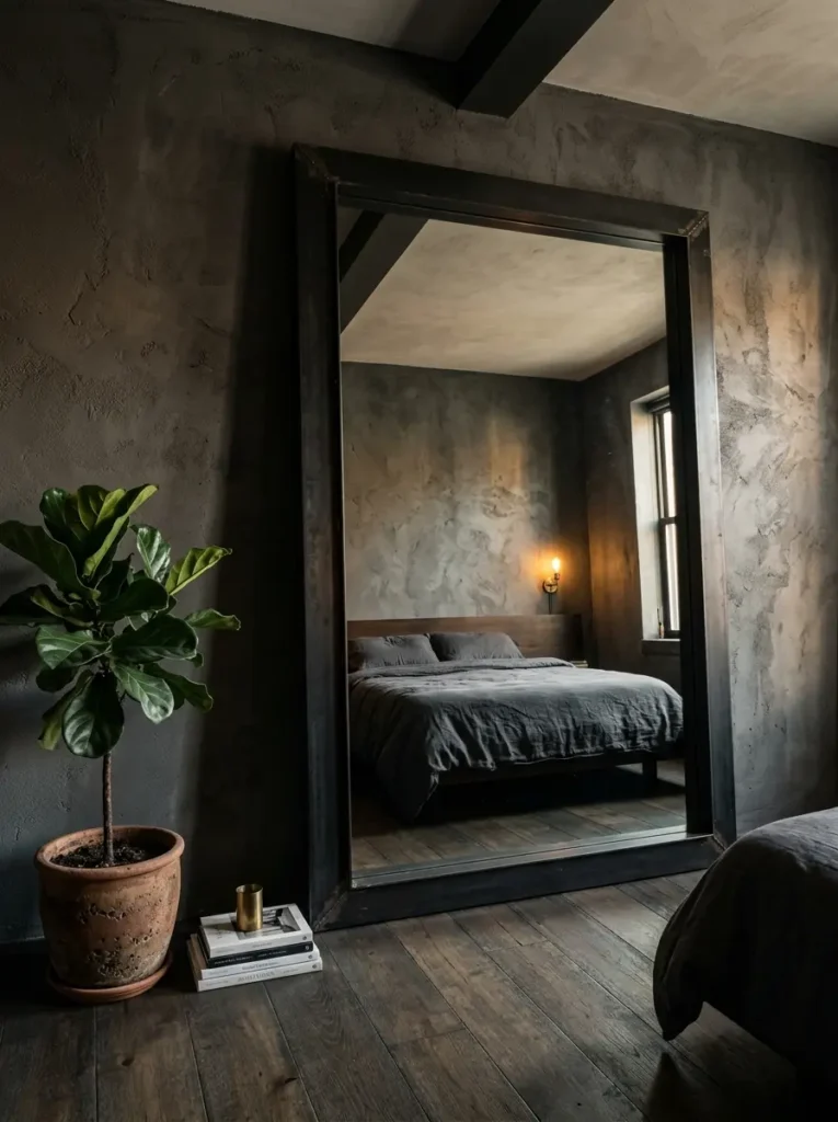 Giant Leaning Floor Mirror Giant steel framed mirror leaning against a dark gray plaster wall reflecting a bed.