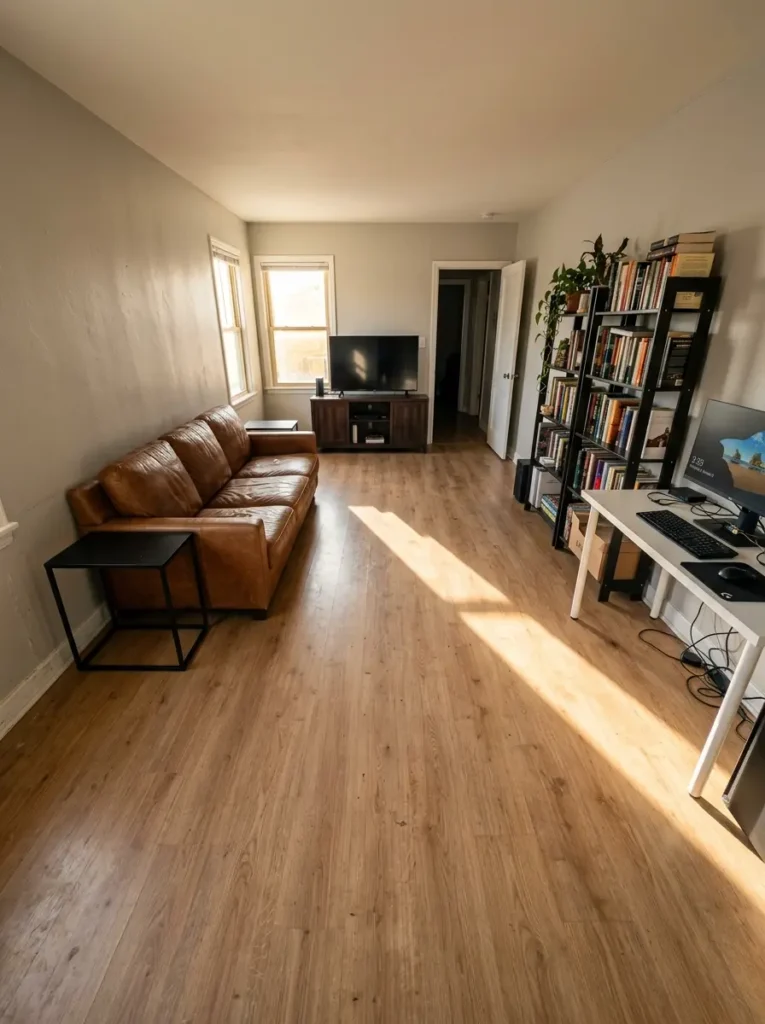 Brown leather sofa and black shelves pushed flat against opposite walls leaving a massive awkward empty space in the middle