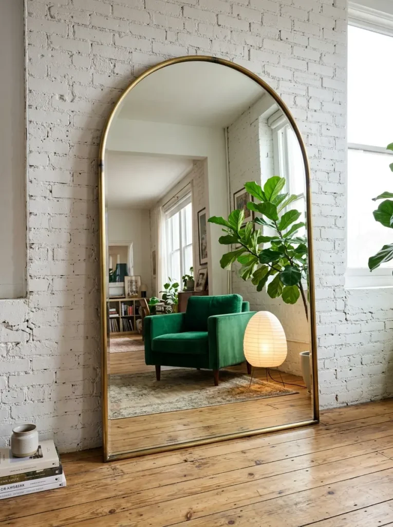 A massive brass arched mirror leans against a white painted brick wall reflecting a green chair.