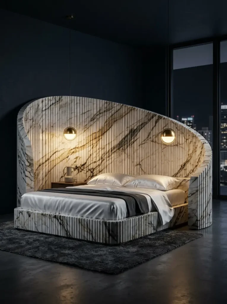 Fluted White Marble Bed Frame Heavy white marble bed frame with vertical fluted grooves and black veining