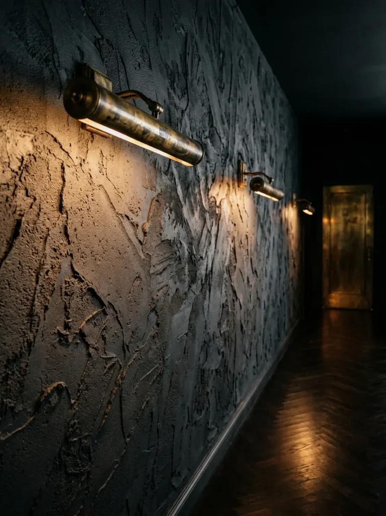 Brass picture lights grazing a textured plaster wall as lighting for dark apartments.