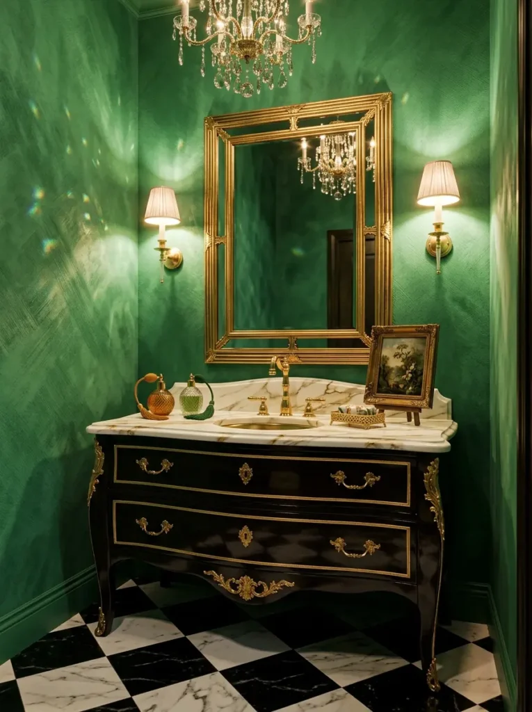 Emerald Green Gold Leaf Bathroom Green suede walls with black vanity and gold mirror