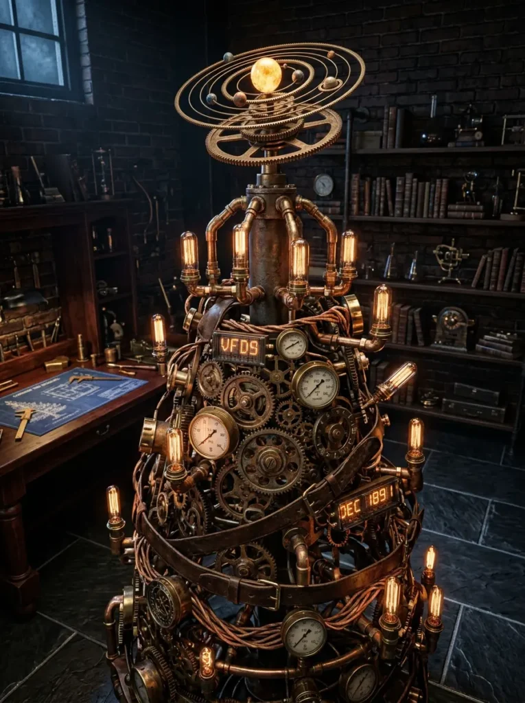 Mechanical tree structure made of metallic gears brass pipes and glowing filament bulbs