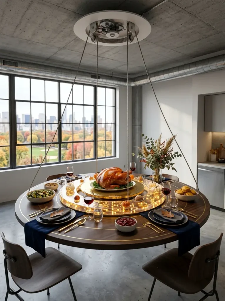 Round wooden dining table suspended by metal cables featuring an illuminated inner ring of pumpkins