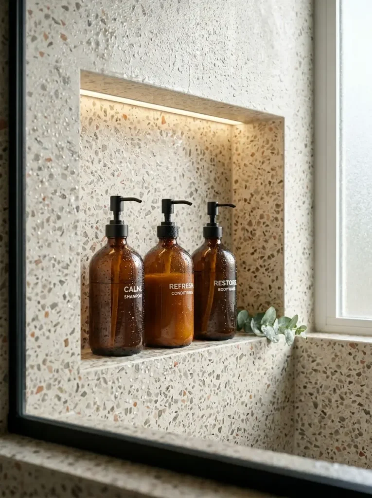 Three brown glass pump bottles sit inside a recessed speckled stone wall shelf illuminated from above.