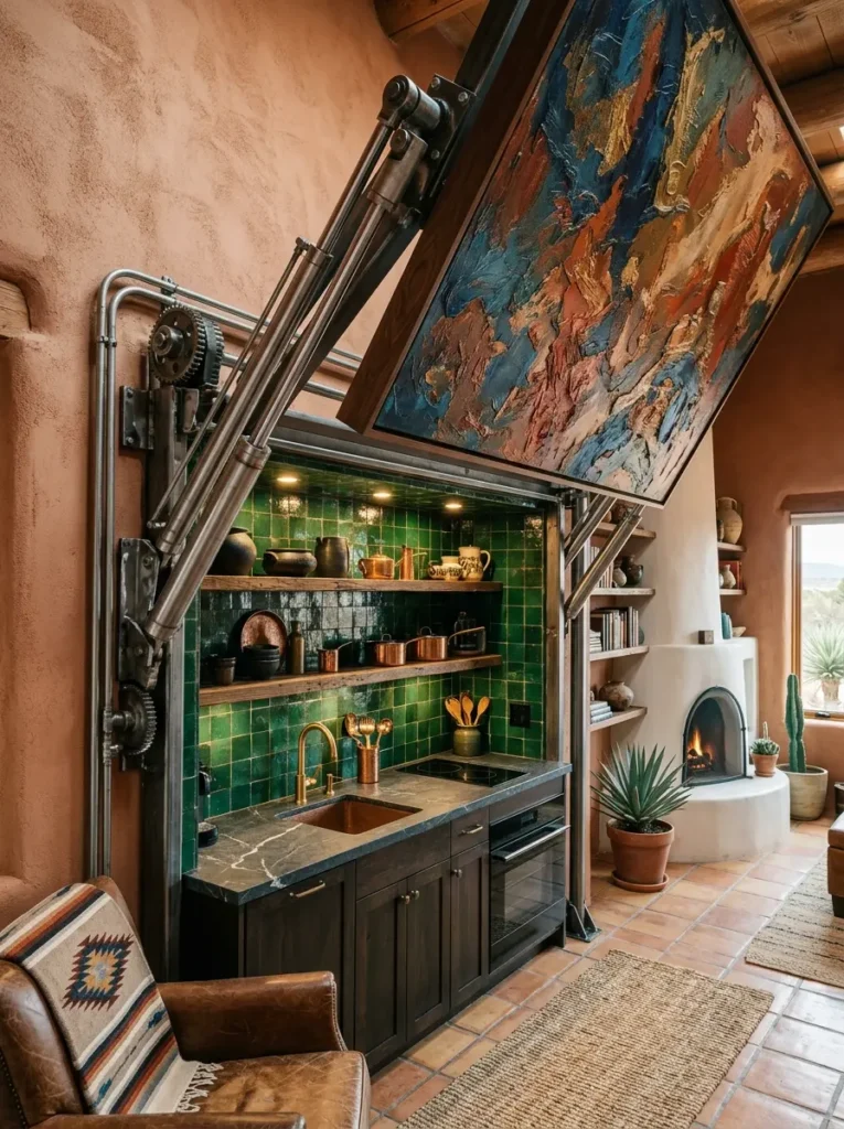 A large framed abstract painting lifted upward by industrial metal gears and arms, revealing an emerald-tiled kitchen alcove beneath it.