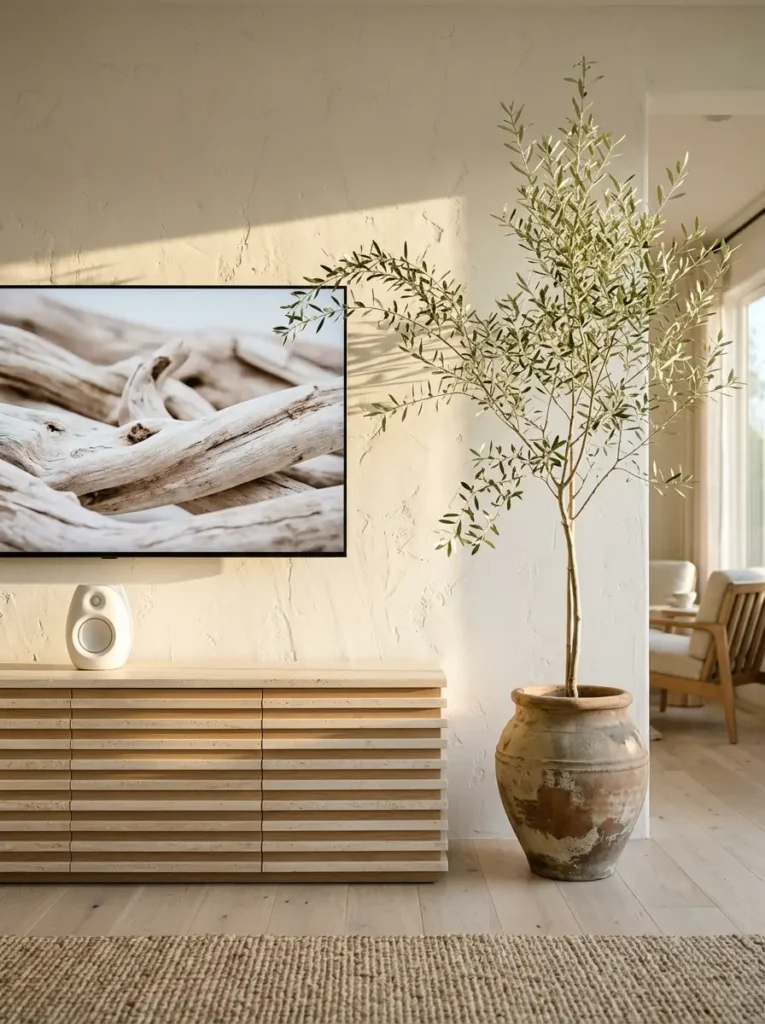 Textured plaster wall behind a slatted wood console in a bright small living room tv wall.