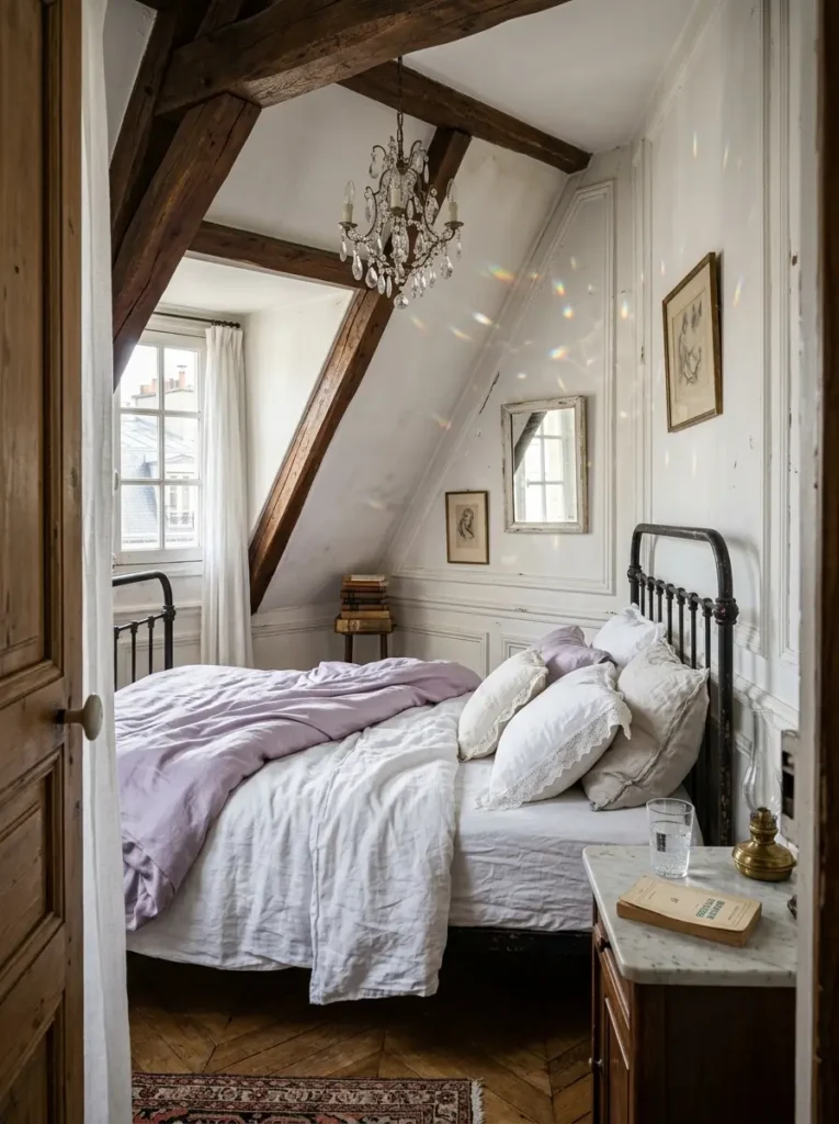 Charming attic bedroom featuring heavy slanted wooden beams a crystal chandelier and pale purple bedding on an iron frame