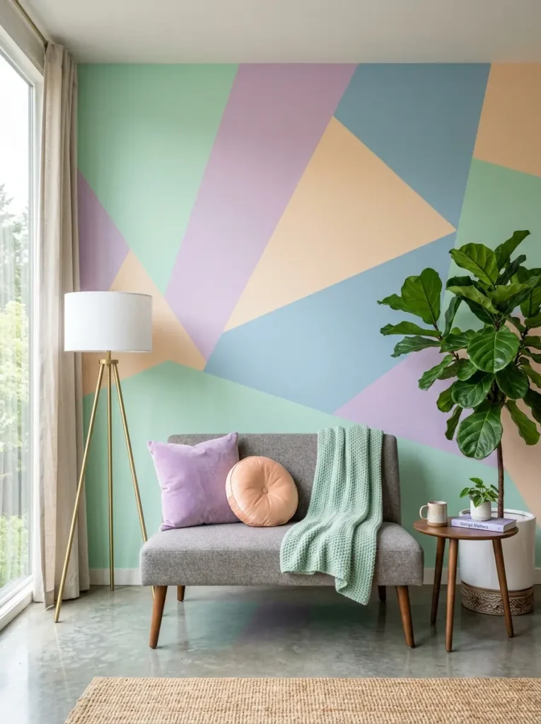 Lilac mint and peach geometric shapes decorate a wall behind a small sofa.
